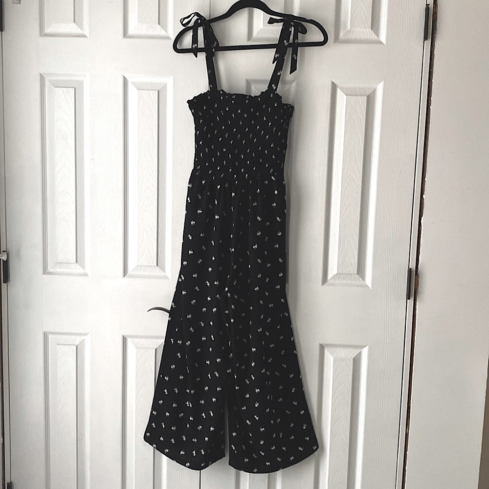 Halter with elastic smocking full length wide leg pant suit Size S Floral